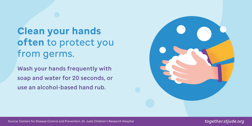 Clean your hands. Washing your hands often will help protect you from germs. If soap and water are not available, use an alcohol-based hand rub.