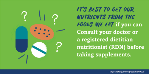 It's best to get our nutrients from the food we eat if you can. Consult your doctor or a registered dietitian nutritionist (RDN) before taking supplements.