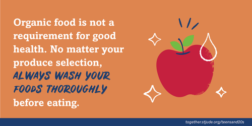 Organic food is not a requirement for good health. No matter your produce selection, always wash your foods thoroughly before eating.