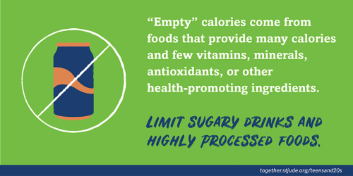 "Empty" calories come from foods that provide many calories and few vitamins, minerals, antioxidants, or other health-promoting ingredients. Limit sugary drinks and highly processed foods.