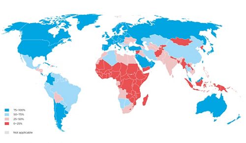 map of world showing survival rates for pediatric cancer