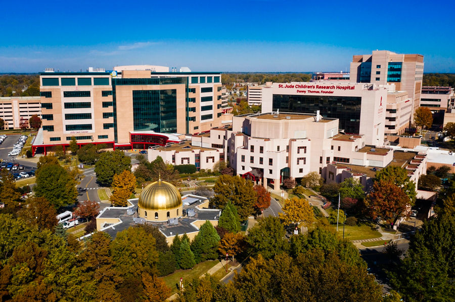 An aerial image of the St. Jude campus