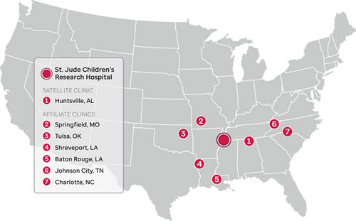 A map showing locations of affiliate clinics