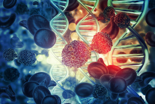 Illustration of DNA surrounded by blood cells