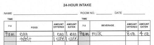 Record the time, the type of food and beverage, the amount offered, and the amount eaten or drank every time your child eats or drinks. 