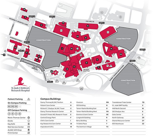 map showing entrance to St. Jude Campus