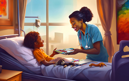 Artistic rendering of a palliative care specialist interacting with a patient to improve their quality of life. AI-assisted illustration created by Leena Xaypanya.  