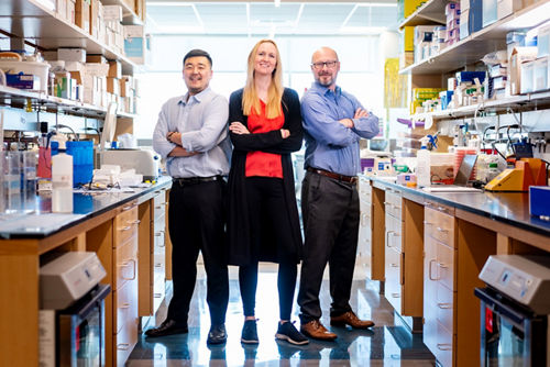 Tae Gun Kang, Caitlin Zebley and Ben Youngblood standing in the lab