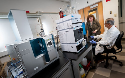 Ruth Tatevossian, MD, PhD, and Seba Mahapatra, PhD, discuss a project in the Clinical Biomarkers Laboratory at St. Jude.  