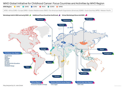 Map of focus countries or WHO Global Initiative for Childhood Cancer
