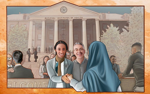 Illustration of a diverse group of people outside of the National Institutes of Health