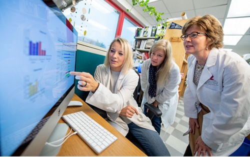 Research faculty member and students looking at computer screen