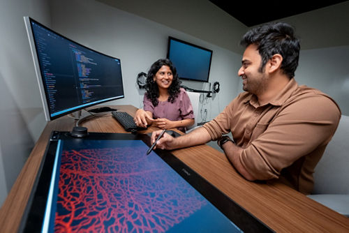 two people working at a computer with two screens