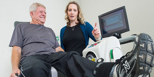 Dwight Tosh sits on a Biodex dynamometer for a strength and range-of-motion assessment as part of the St. Jude LIFE evaluation.