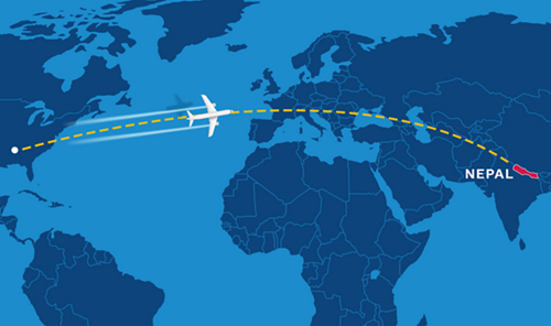 Map from Memphis to Nepal