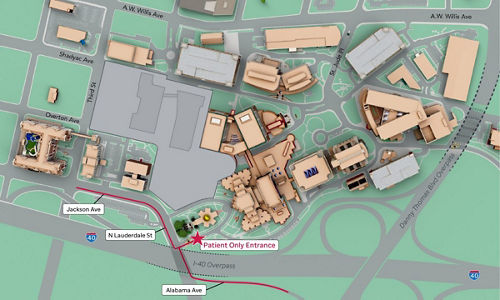 mapa que muestra la entrada exclusiva para pacientes al campus de St. Jude