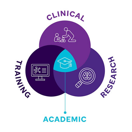 overlapping circles show the connection between clinical, research, and training to form one academic focus