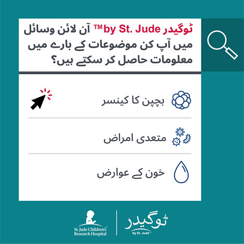 ٹوگیدر by St. Jude™ آن لائن وسائل میں اب بچپن اور نوعمری کے کینسر کے ساتھ ساتھ خون کی بیماریوں اور متعدی بیماریوں کے بارے میں بھی معلومات شامل ہیں۔