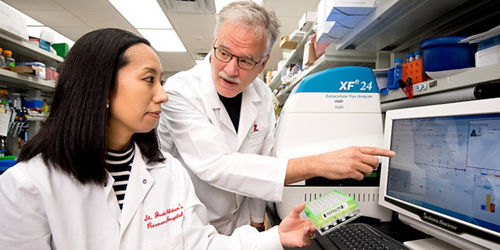 John Schuetz discusses study data in the lab with Yu Fukuda.