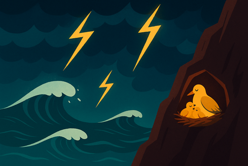 Illustration of mother bird with chicks during a thunderstorm